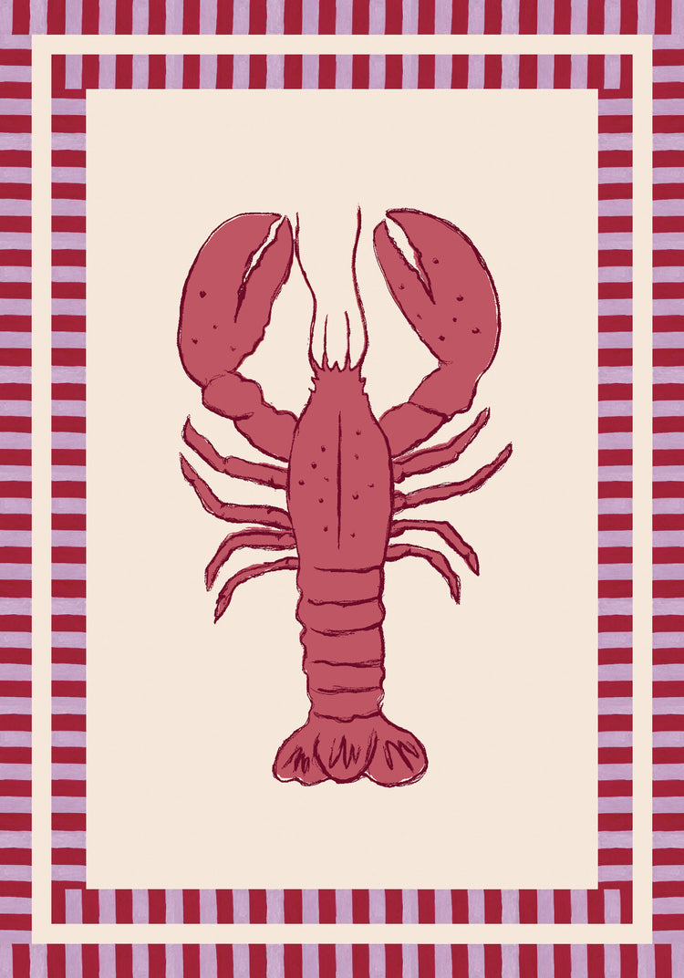 The Le Stripy Homard Poster showcases a collage of a red lobster centered on a light beige background with a border of alternating red and purple stripes, creating a vibrant frame-like effect.