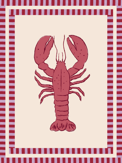 The Le Stripy Homard Poster showcases a vibrant red lobster on a beige background, framed with alternating red and maroon stripes, and subtly integrates collage techniques for added texture and depth.