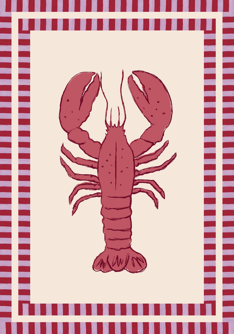 The Le Stripy Homard Poster features a detailed red lobster on a beige background, complete with claws, legs, and tail. It is surrounded by a border of alternating dark and light red vertical stripes reminiscent of collage art.