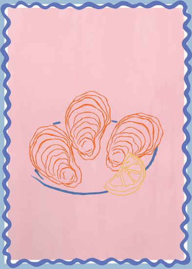 The Plateau dhuîtres Poster showcases three oysters on a plate with a lemon slice against a pink background and wavy blue border, akin to an artwork or poster design.