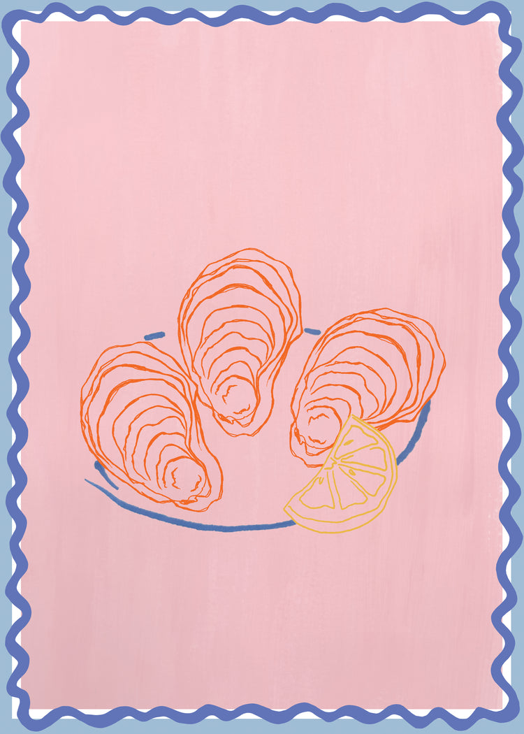The Plateau dhuîtres Poster showcases three oysters on a plate with a lemon slice against a pink background and wavy blue border, akin to an artwork or poster design.