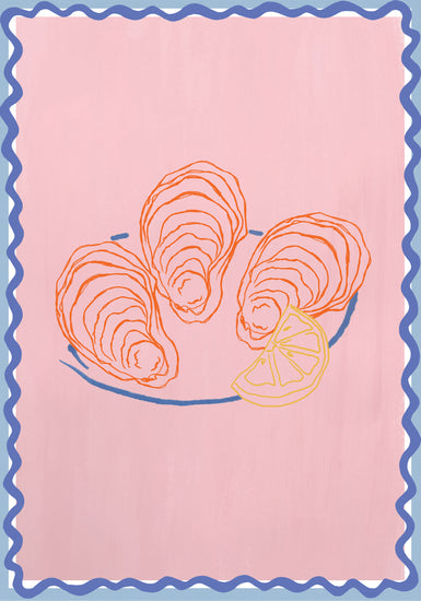 The Plateau dhuîtres Poster showcases three oysters on a half shell with a lemon wedge, all illustrated in orange and yellow lines. Set against a pink backdrop, the artwork is framed by a wavy blue border for added vibrancy.