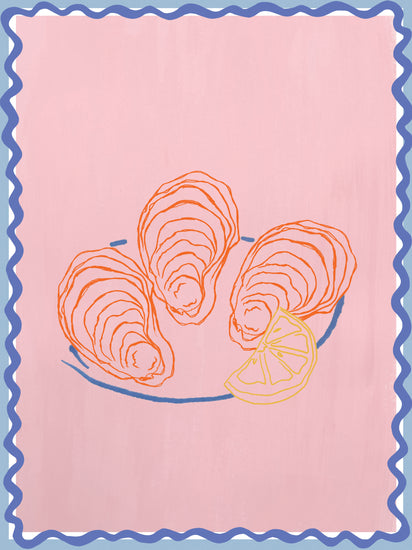 The Plateau dhuîtres Poster showcases unique artwork with three oysters illustrated on a pastel pink background and a wavy blue border. Beside them, an abstract lemon slice in orange and yellow lines completes the design.