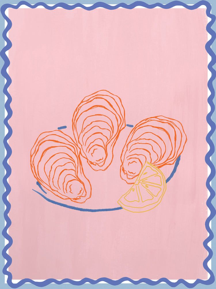 The Plateau dhuîtres Poster showcases unique artwork with three oysters illustrated on a pastel pink background and a wavy blue border. Beside them, an abstract lemon slice in orange and yellow lines completes the design.