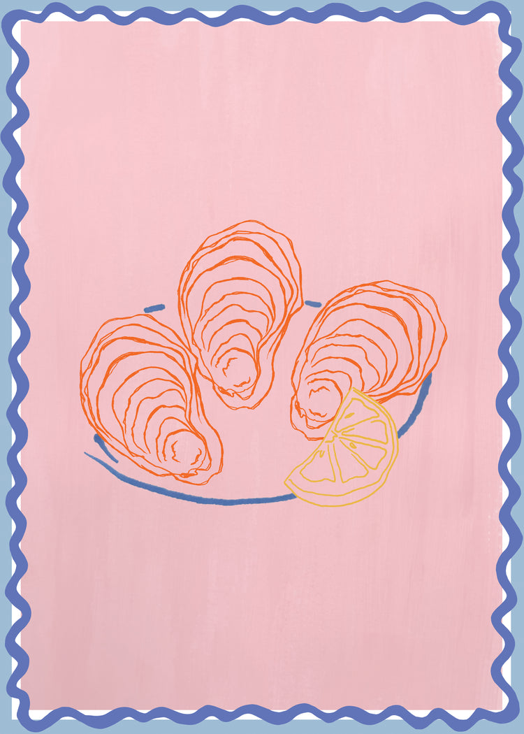 The Plateau dhuîtres Poster features three oysters on a plate with a lemon slice, set against a pink background and accented by a wavy blue border, evoking the lively style of collage art.