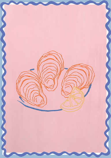 The Plateau dhuîtres Poster showcases three oysters on a plate with a lemon wedge, designed in a collage-style. It features a light pink background and wavy blue border, resembling the vibrant aesthetic of a poster.