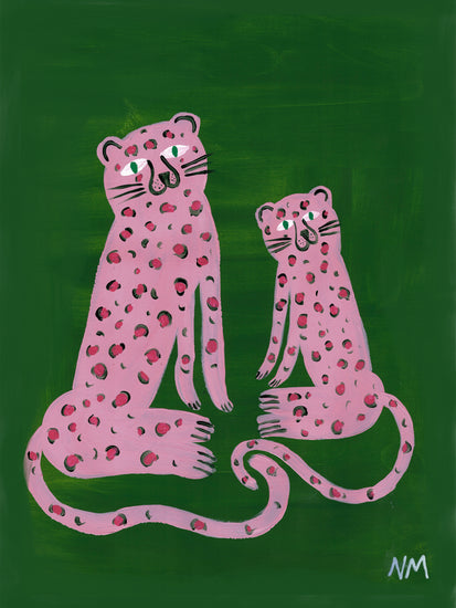 poster with two painted pink leopards against a green background