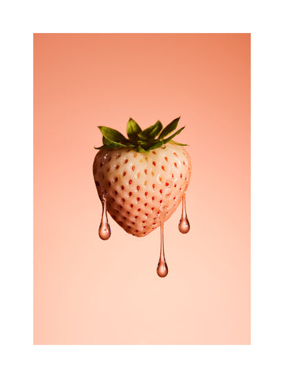 A stilllife photograph of a flawless white strawberry on a pretty pink background. White border.