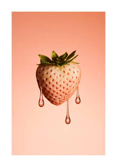A stilllife photograph of a flawless white strawberry on a pretty pink background. White border.
