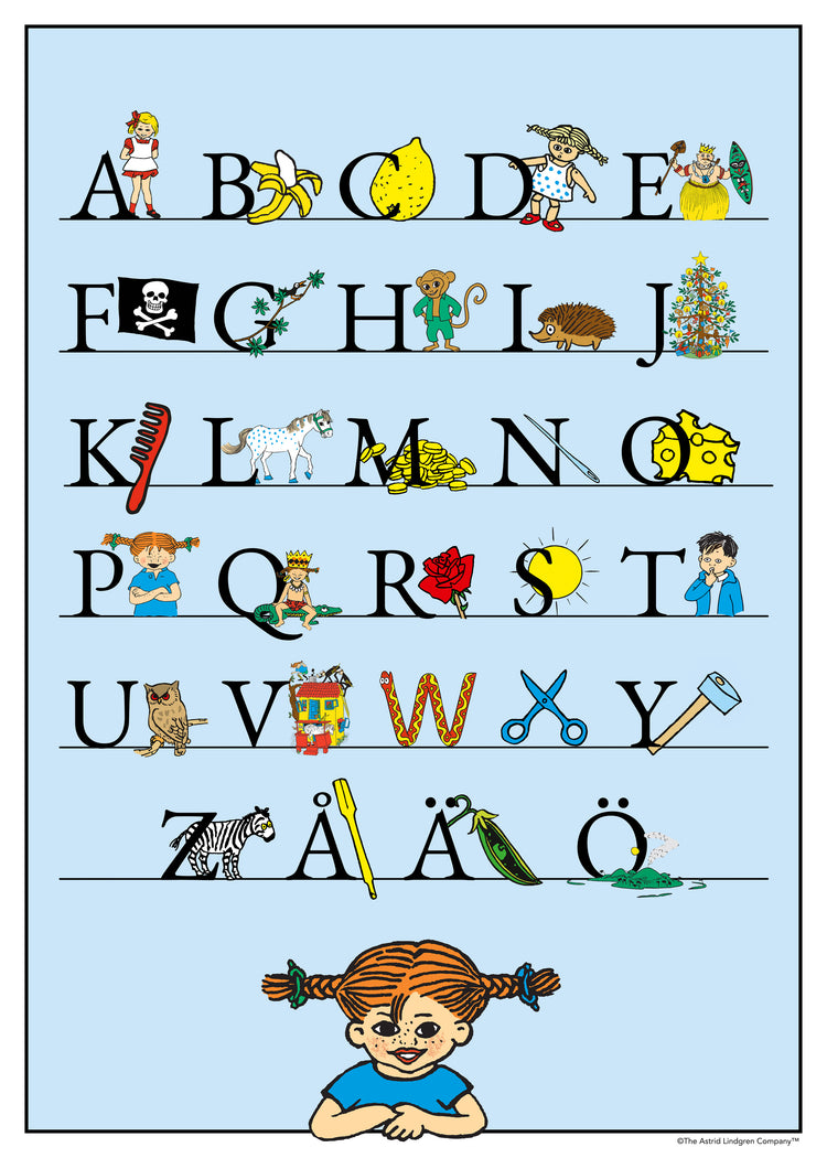 Pippi Longstocking alphabet poster featuring the full Swedish alphabet A–Ö with classic Pippi illustrations.
