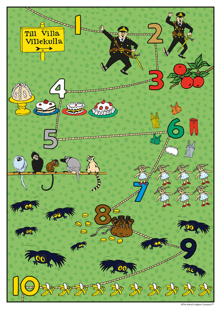 Pippi Longstocking numbers poster featuring 1–10 with playful illustrations from Villa Villekulla to bananas.