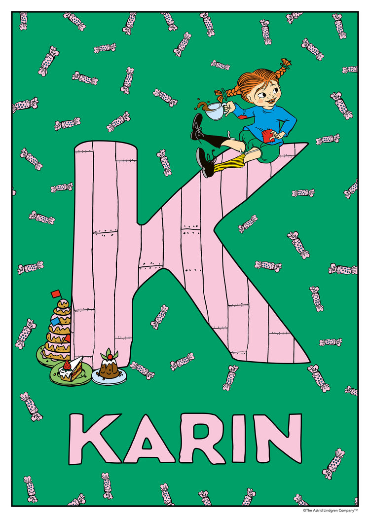 Pippi sits drinking from a pot atop a large pink K surrounded by treats. Name: Karin.