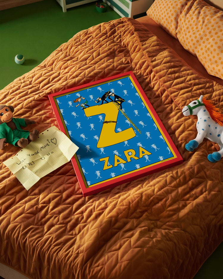 Pippi Longstocking name poster with the letter Z and the name Zara, placed on a neatly made bed in a bright kids’ room.