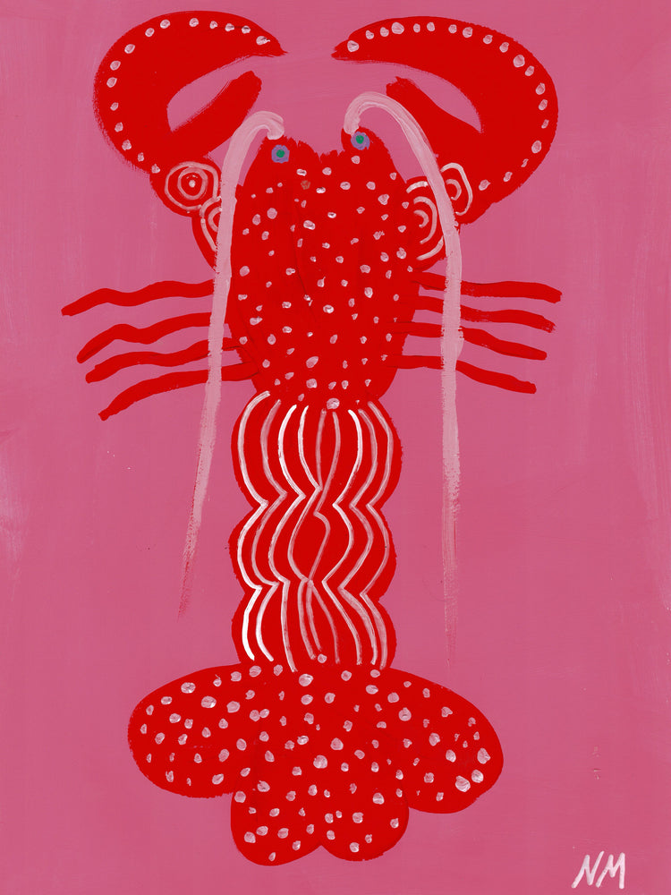 poster with a painted red lobster on pink background