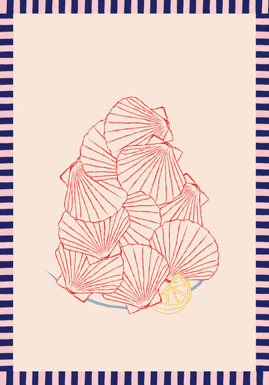 The Saint-Jacques du Marché Poster features a collage of fresh scallop shells outlined in red on beige, bordered by blue and pink stripes. A lemon slice at the base evokes the vibrant feel of a French market.