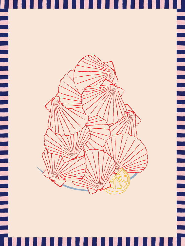 The Saint-Jacques du Marché Poster features a red-outlined pyramid of stylized scallop shells, evoking a French market. A thin lemon slice sits below. The cream background is bordered by alternating blue and pink stripes, adding a collage technique effect.