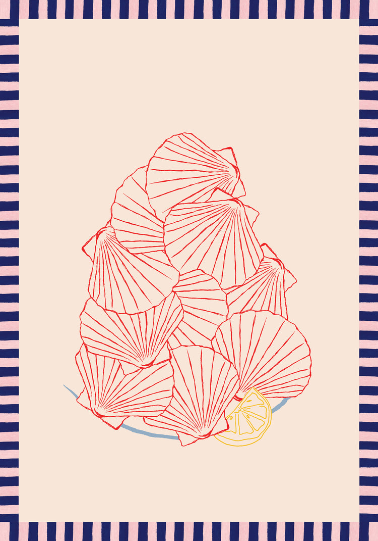 The Saint-Jacques du Marché Poster features a stack of red line-drawn scallops on a plate with lemon slices beneath, set against a neutral background bordered by alternating black and pink stripes, echoing the vibrant hues of a French market.