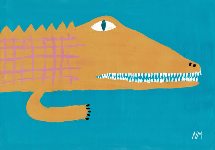 poster with a painted yellow crocodile on a blue background