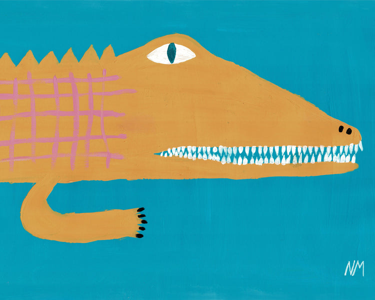 poster with a painted yellow crocodile on a blue background