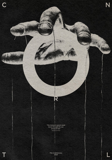 Hand holding strings like a puppet master and the word control spelled out.