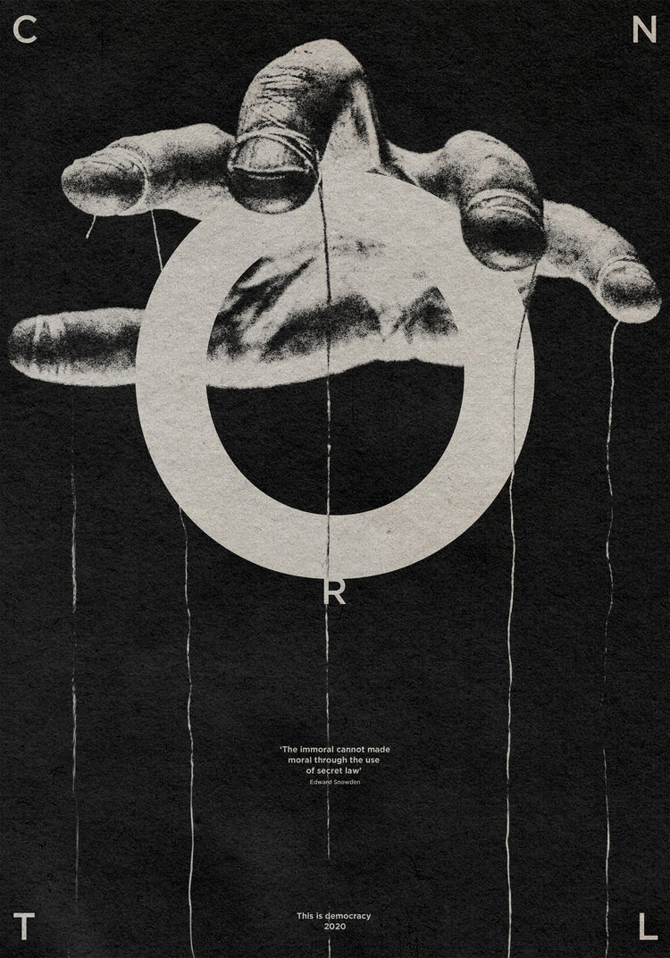 Hand holding strings like a puppet master and the word control spelled out.