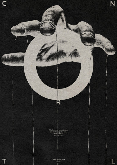 Hand holding strings like a puppet master and the word control spelled out.