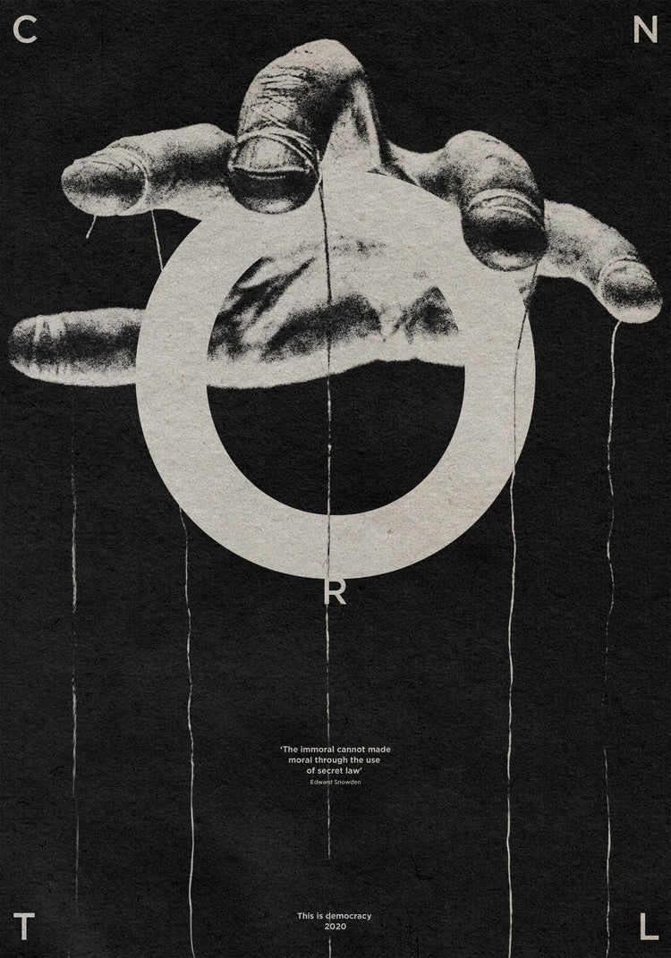 Hand holding strings like a puppet master and the word control spelled out.
