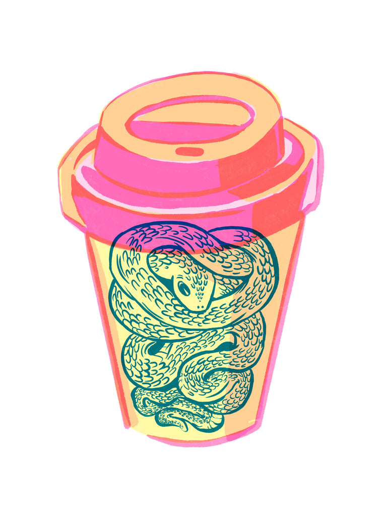 Illustration of a takeaway mug in bright colors with a snake inside.