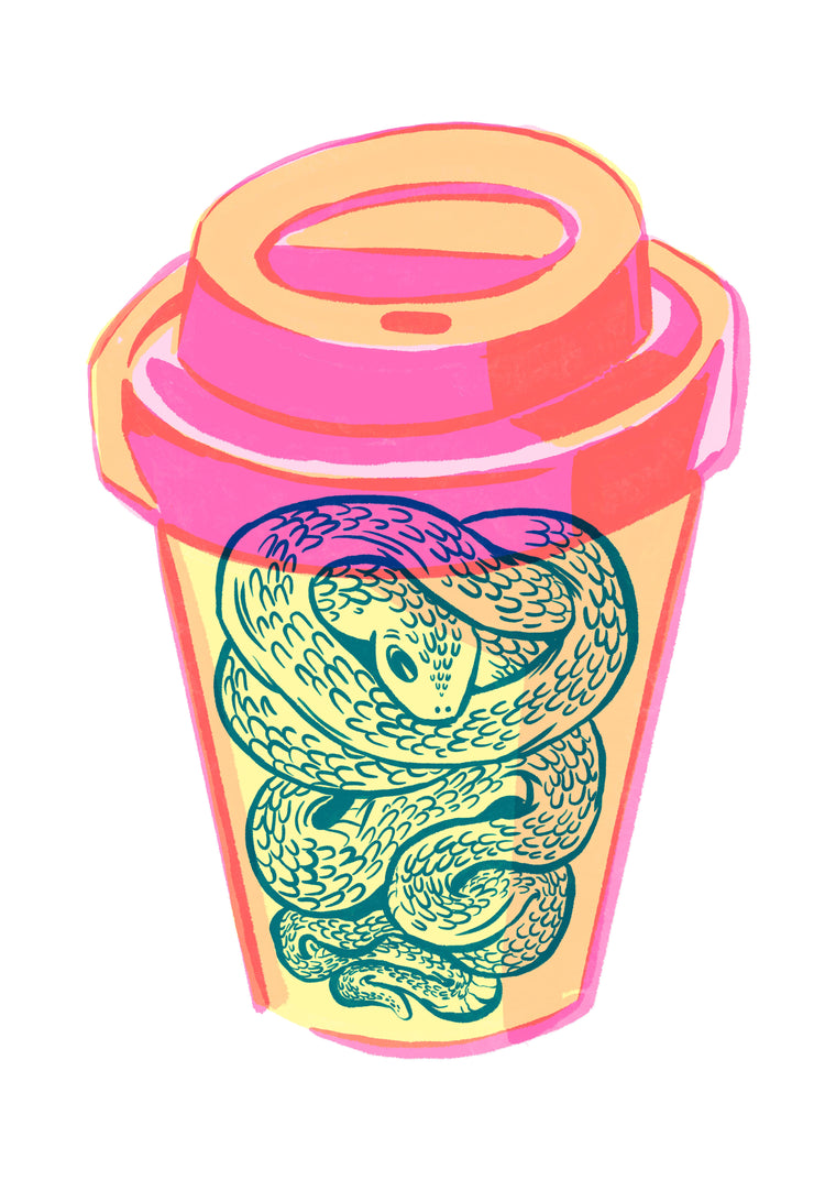 Illustration of a takeaway mug in bright colors with a snake inside.