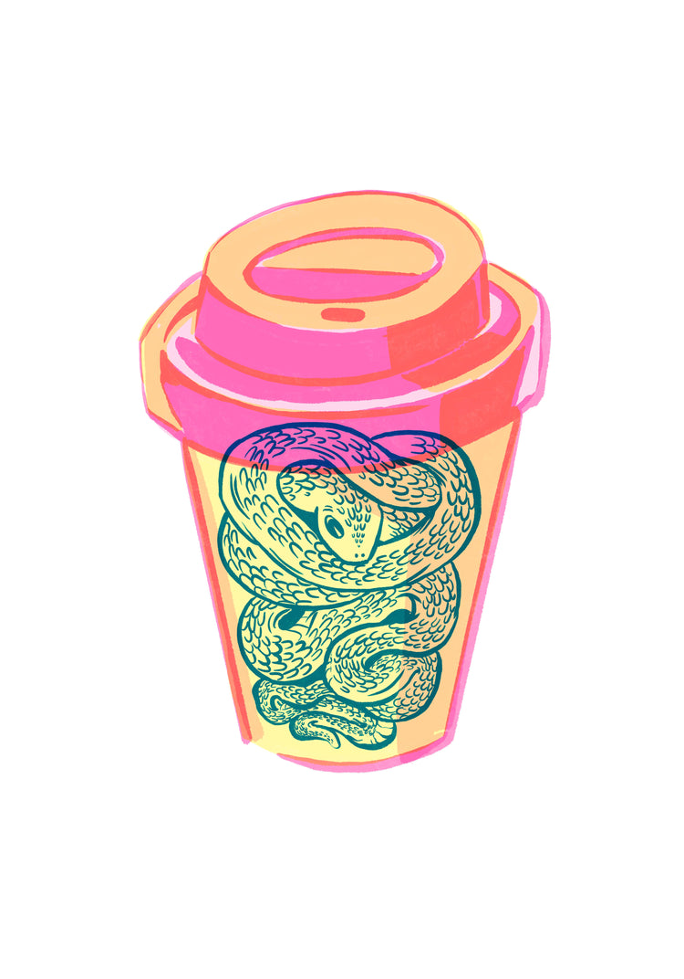 Illustration of a takeaway mug in bright colors with a snake inside.