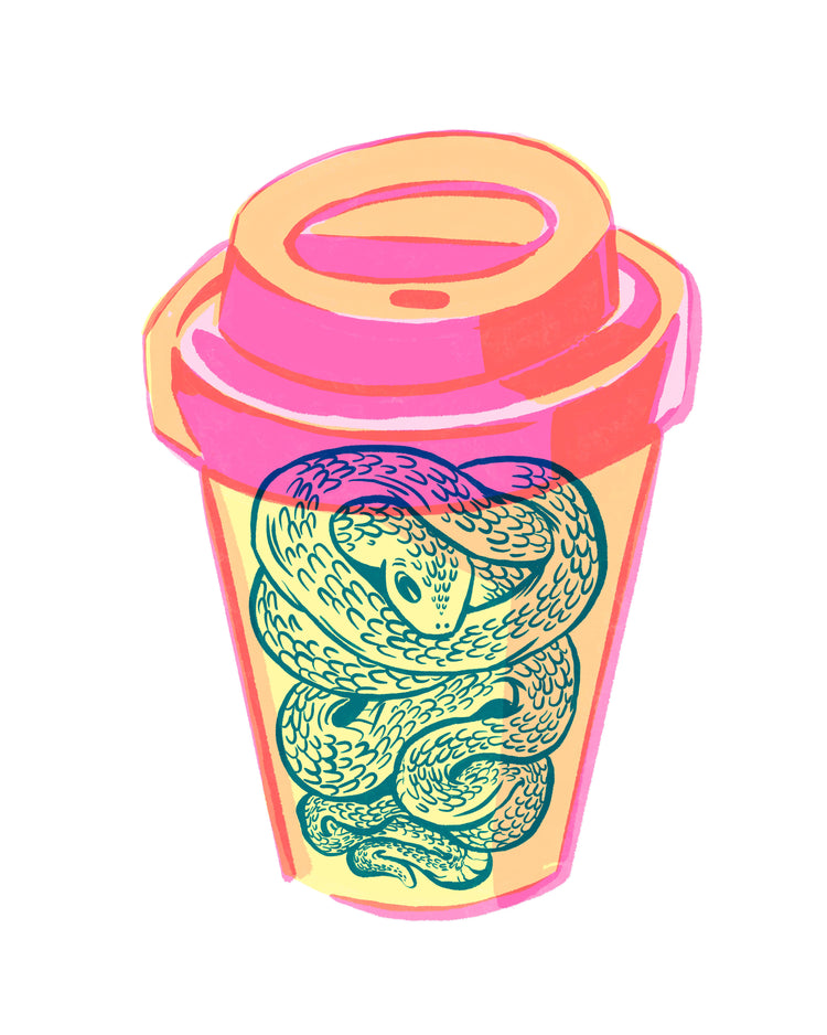 Illustration of a takeaway mug in bright colors with a snake inside.