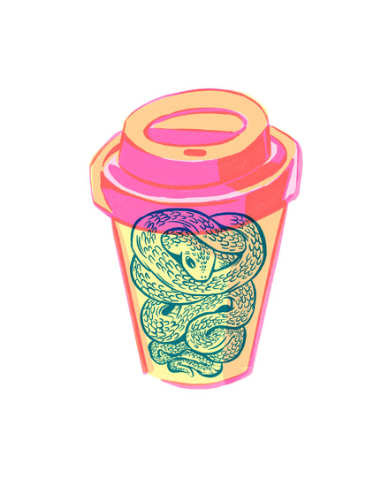 Illustration of a takeaway mug in bright colors with a snake inside.
