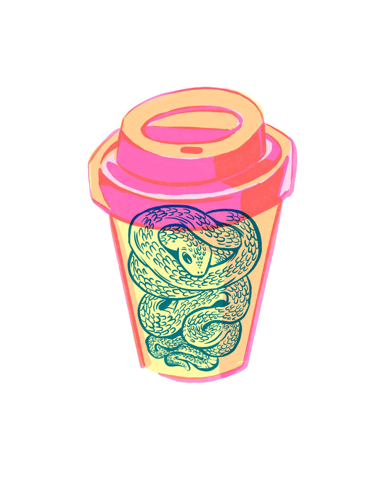 Illustration of a takeaway mug in bright colors with a snake inside.