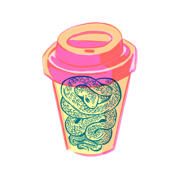 Illustration of a takeaway mug in bright colors with a snake inside.