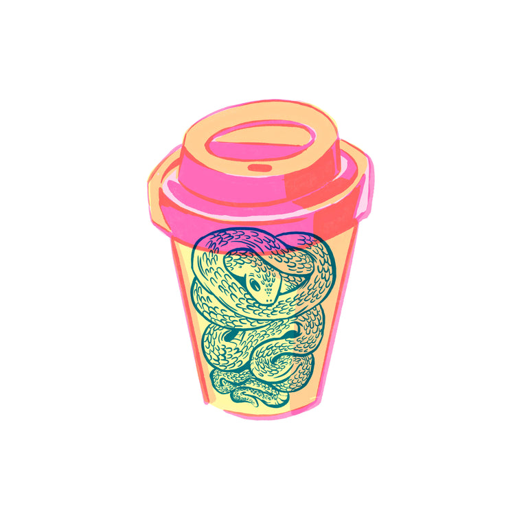 Illustration of a takeaway mug in bright colors with a snake inside.