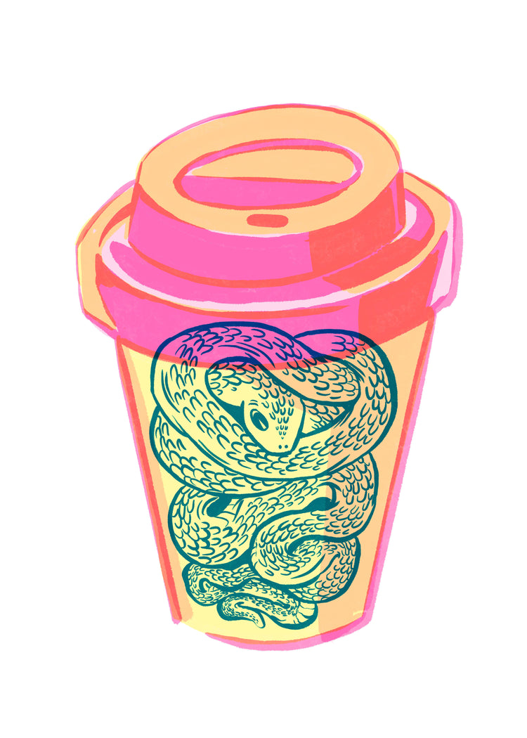 Illustration of a takeaway mug in bright colors with a snake inside.