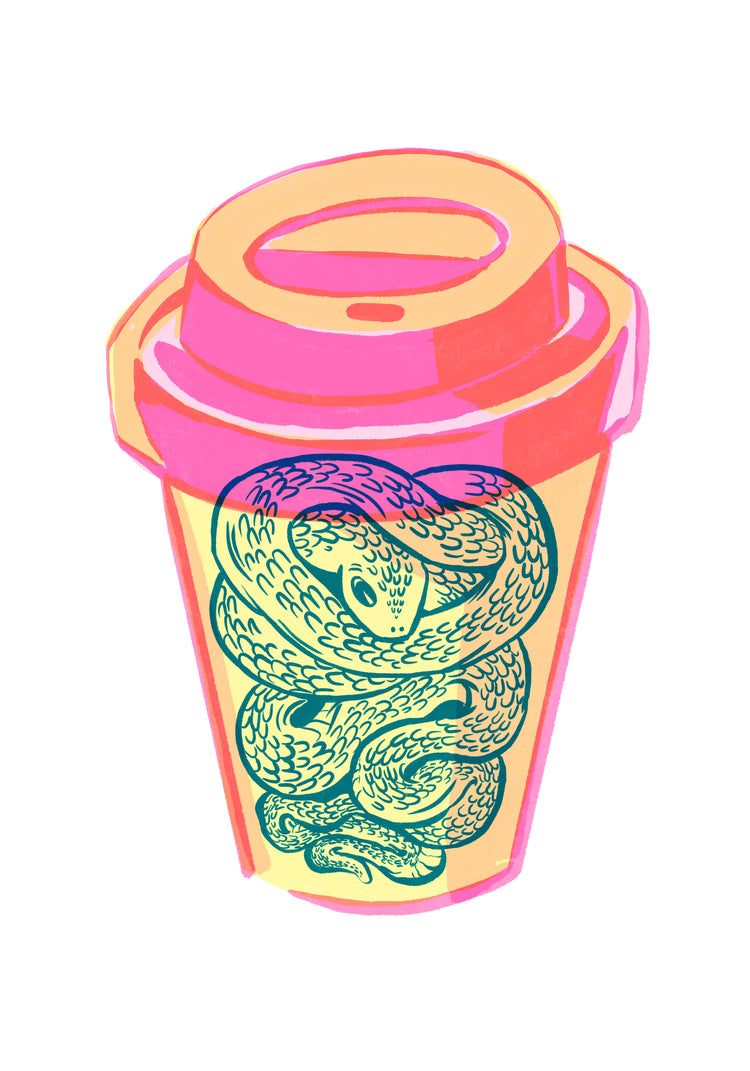 Illustration of a takeaway mug in bright colors with a snake inside.