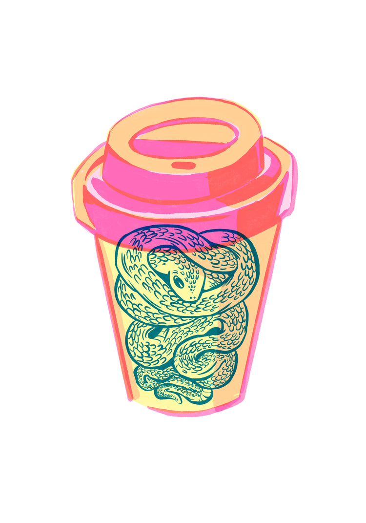 Illustration of a takeaway mug in bright colors with a snake inside.