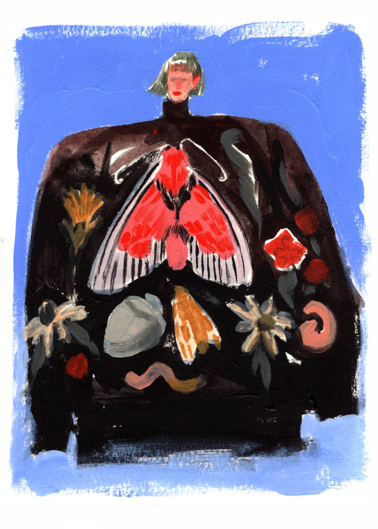 Painting of a woman with a black turtleneck sweater with a pattern.