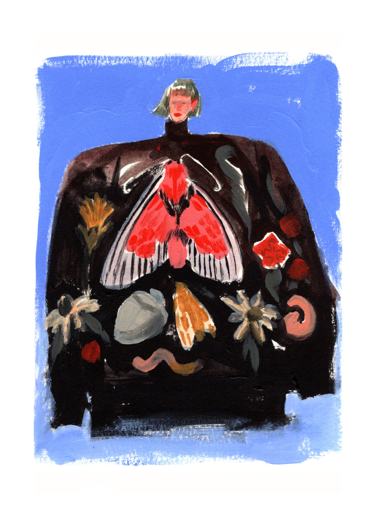 Painting of a woman with a black turtleneck sweater with a pattern.