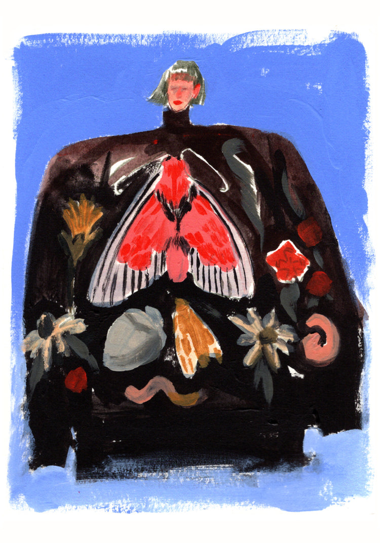 Painting of a woman with a black turtleneck sweater with a pattern.