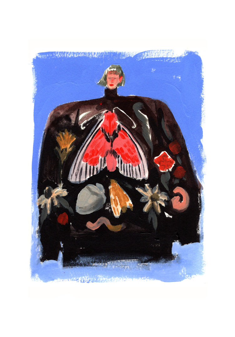 Painting of a woman with a black turtleneck sweater with a pattern.