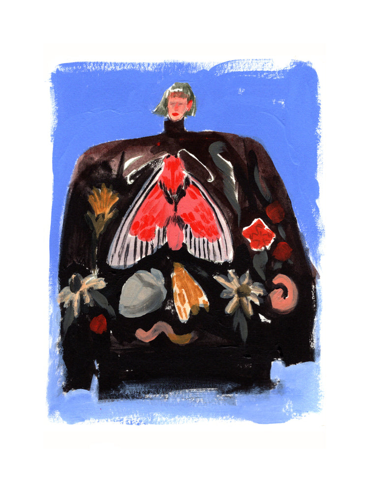 Painting of a woman with a black turtleneck sweater with a pattern.
