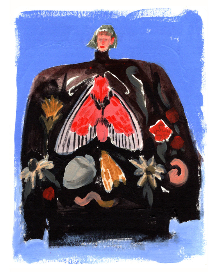 Painting of a woman with a black turtleneck sweater with a pattern.