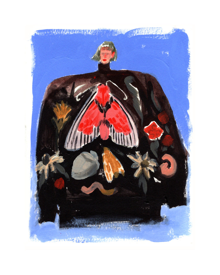 Painting of a woman with a black turtleneck sweater with a pattern.