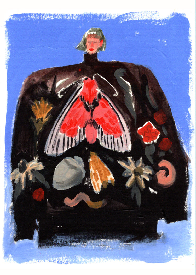 Painting of a woman with a black turtleneck sweater with a pattern.