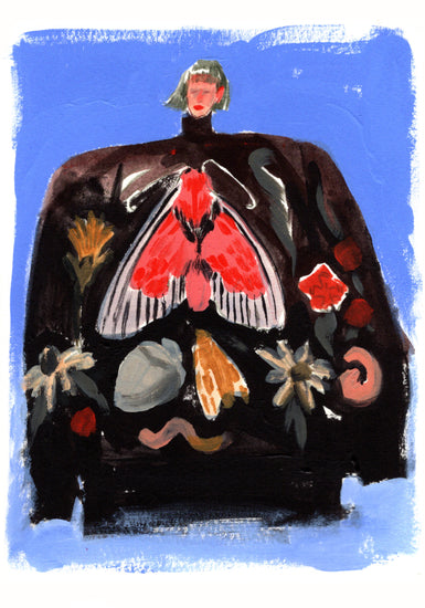 Painting of a woman with a black turtleneck sweater with a pattern.