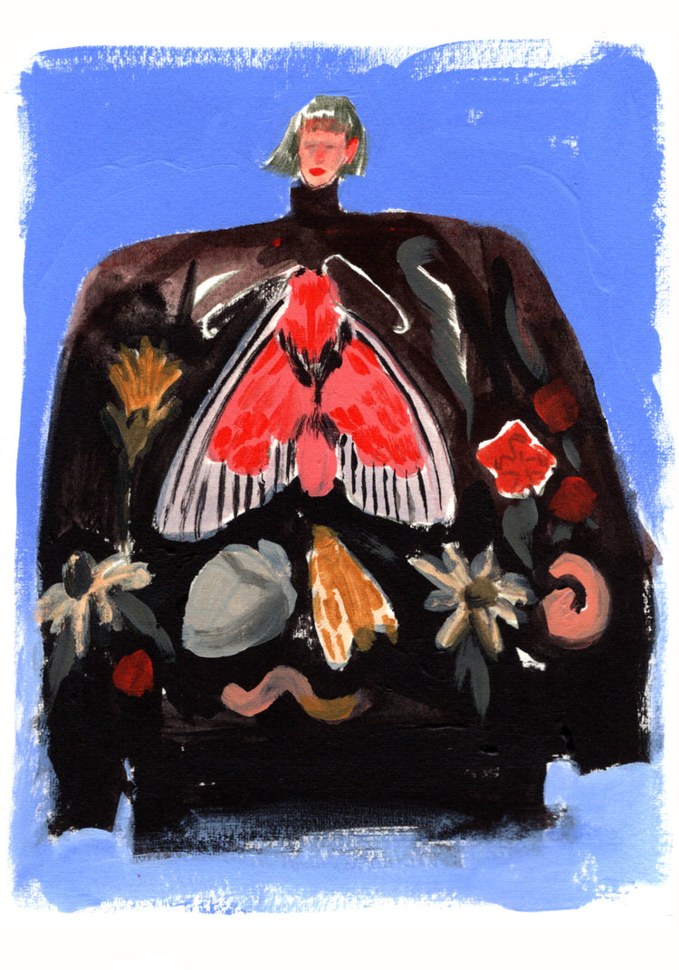 Painting of a woman with a black turtleneck sweater with a pattern.
