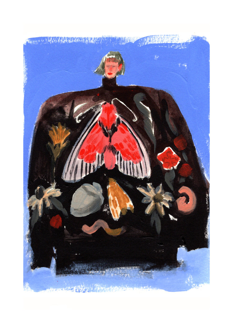 Painting of a woman with a black turtleneck sweater with a pattern.
