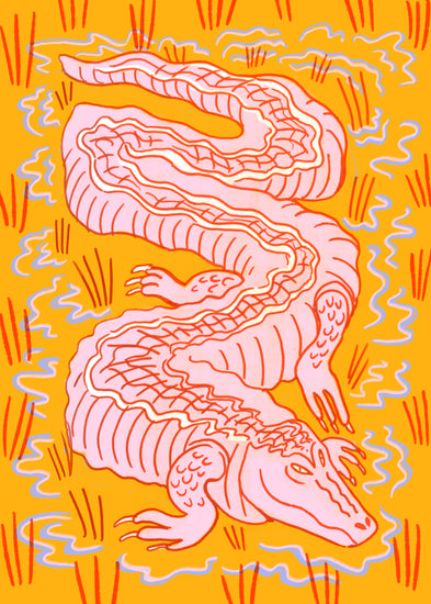 Illustration of a pink crocodile slithering through an orange swamp.